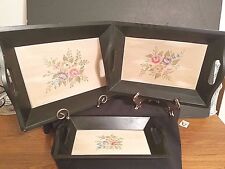Set of 3 Vintage Wooden Nesting Tray Black Wood Hand Painted Floral Handles picture