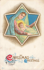 Christmas Greetings Mary Baby Jesus Star Embossed, Vintage Postcard picture