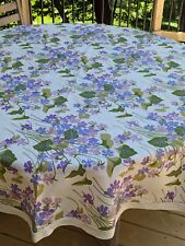 71 INCH ROUND VINTAGE 1970s LINEN TABLECLOTH PURPLE/BLUE/GREEN/OFF WHITE FLORAL picture