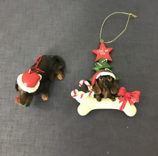 2 Dogs Christmas Ornament Dachshund Resin Long Hair Smooth Brindle Bone Decor picture