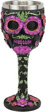 Ebros Gothic Black Red Pink Green Day of The Dead Sugar Skull Wine Goblet 7oz As picture