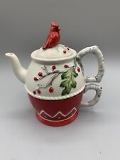 Vtg Retired 3 Piece Fitz and Floyd Christmas Cardinal Tea Cup Tea Pot Lid  NICE picture