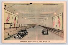 c1930s Windsor Ontario & Detroit Michigan Tunnel Canada USA Cars Flags Postcard picture