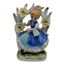 Vintage Porcelain Figurine Girl Woman Blue Dress~Yellow Flowers~Arch~Korea~5.5”T picture