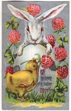 ANTIQUE EMBOSSED EASTER Postcard    WHITE BUNNY LEANING ON EGG, CHICK, CLOVERS picture