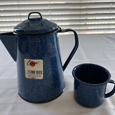 2 Pc Blue Cinsa Graniteware Coffee Pot 1 cup Enamelware Speckled picture