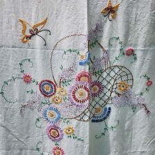 Vintage 1950s Cotton Fringe Embroidered Basket Floral Butterflies Bed Covering picture
