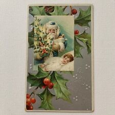 Antique Embossed Postcard Santa Green Robe Bringing Tree Elf Toys For Boy picture