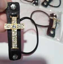 NEW LOT of 10 Black Faux Leather Gold Rhinestone Cross Elastic Bracelet or Hair  picture