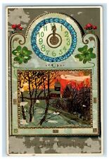 1910 New Year Greetings Clock Shamrock Gel Gold Gilt Embossed Antique Postcard picture
