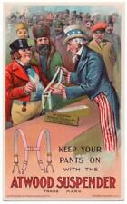 Uncle Sam shows Atwood Suspenders to John Bull   Patriotic trade card picture