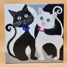 Whimsical Happy Cats Black White, Blue Pink Collar Necklace Painting by Trudy picture
