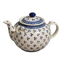 Polish Pottery Wiza Boleslawiec Teapot Double Handle Blue Floral Poland 72 Ounce picture