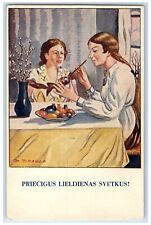 c1910's Easter Girls Painting Eggs Pipe Berry Latvia Russia Antique Postcard picture
