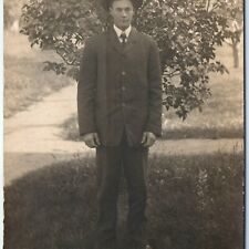 ID'd c1910s Handsome Man Outdoors in Suit RPPC Real Photo Postcard Gardalen A85 picture