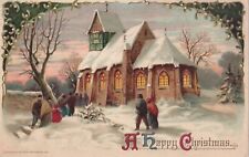 Vintage Postcard A Happy Christmas Greetings People Outside Church Max Feinberg picture