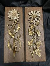 2 Vintage Syroco MCM Gold Flower Plaque Wall Hangings 23 inches Tall 7000 picture