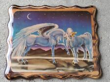  Vintage 1980s Sue Dawe Unicorn Wall Art Decor  Lacquered Wood Plaque 12x9 picture