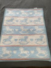 VTG Biederlack of America Baby Blanket Blue~White Rocking Horse 27”x35” W/Tags picture
