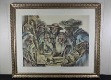 Jewish men with scrolls 'Dan' ? signed A/P print pastel chalk Judaica 39