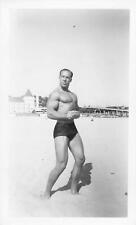 1952 Sexy Buff Muscle Man on Beach Snapshot Photo Weightlifting Gay Int. Hotel 1 picture