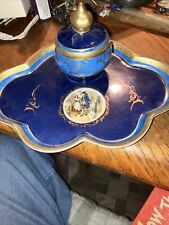 Antique R.S. Prussia Victorian Hand Painted Blue Porcelain Inkwell w/Tray Vgc picture