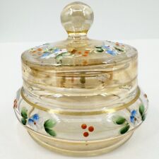 Bohemian Glass Hand Painted Floral Trinket Lidded Jar Amber Hue Stamped READ picture