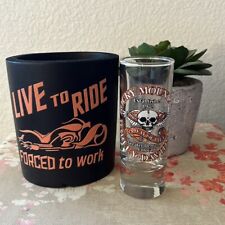 Harley Davidson Shot Glass and Beer Foam Cozy, Rocky Mountain, Motorcycle Skull picture