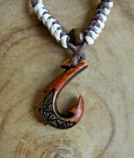 Hawaiian Manu Makau Brown Bone Fish Hook Necklace W/ Hawaii Koa Wood Bead picture