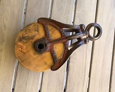 RESTORED Vintage Antique HUDSON Barn Pulley, Cast Iron & Wood 6 in. x 11 1/2 in. picture