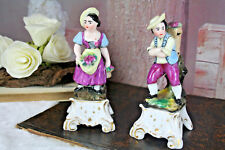 PAIR French antique petit pique fleurs Vases Figurines man&lady porcelain faienc picture