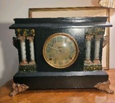 Antique Black Wood Mantel Clock With Key Tested Good picture