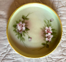 Antiq. Nippon Hand Painted Coaster, ceramic yellow trim; pink, white flowers picture