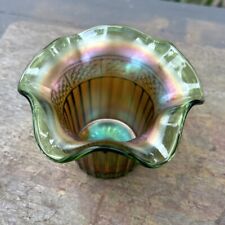 Antique Northwood DIAMOND FLUTE Carnival Glass Hat Vase Iridescent Green 3.5” picture