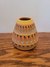 Unique Native American Navajo Hand Etched Pottery Vase Yellow Signed Vintage picture