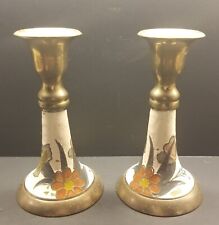 Vintage Pair Of Solid Brass Enamel Floral Handpainted Candle Sticks picture