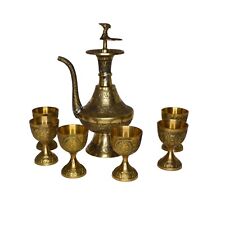 Set of 6 Hammered Solid Brass Cordial Footed Glasses with Matching Ewer Pitcher picture