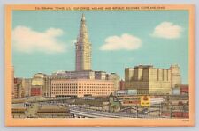 Cleveland Ohio OH View of Skyline Terminal Tower US Post Office Linen Postcard picture
