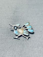 WHIMSICAL VINTAGE NAVAJO TURQUOISE STERLING SILVER ROADRUNNER PIN picture