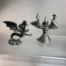 Vintage Spoontiques Pewter Wizard with Skull Torch 1985 And Dragon Statue 1987 picture