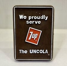 VINTAGE 1970s 7UP PLASTIC EASEL-BACK COUNTER SIGN 9”x6.5 WOODGRAIN Impact Int. picture
