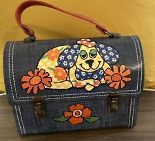 Vintage Aladdin Metal Lunch Box,  NO Thermos, Dome Lid,  Puppy Dog Flowers Denim picture