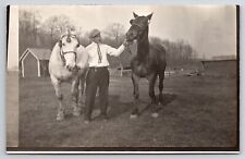 RPPC Handsome Gentleman Farmer Smoking Posing Lovely Horses Big Horse Postcard picture