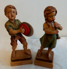 TWO WOOD HANDCARVED SCULPTORS CHILDREN PLAYING INSTRUMENTS MADE IN ITALY picture