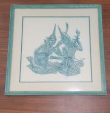 Vintage Framed 24X24 Thai Temple Rubbing Art Traditional Musician MCM Turquoise  picture