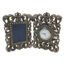 Silver-Plated Picture Frame & Clock Desk Top Beautiful Ornate Scroll Work Design picture