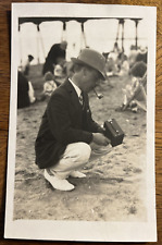 RPPC Well Dressed Man w/ Box Camera in Hat with Pipe - at Beach? No Comps/ OOAK picture