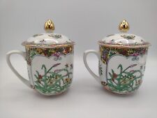 Chinese Hand-Painted Butterflies Coffee Cup China Gold Trim Tea Cup Mug Top Lid picture