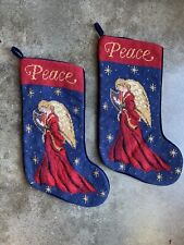 Pair of Vintage Wool Needlepoint Angel Christmas Stocking PEACE 18.5