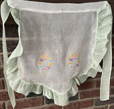 Vintage Handmade Embroidered Petite / Childs Apron Green White Floral As is picture